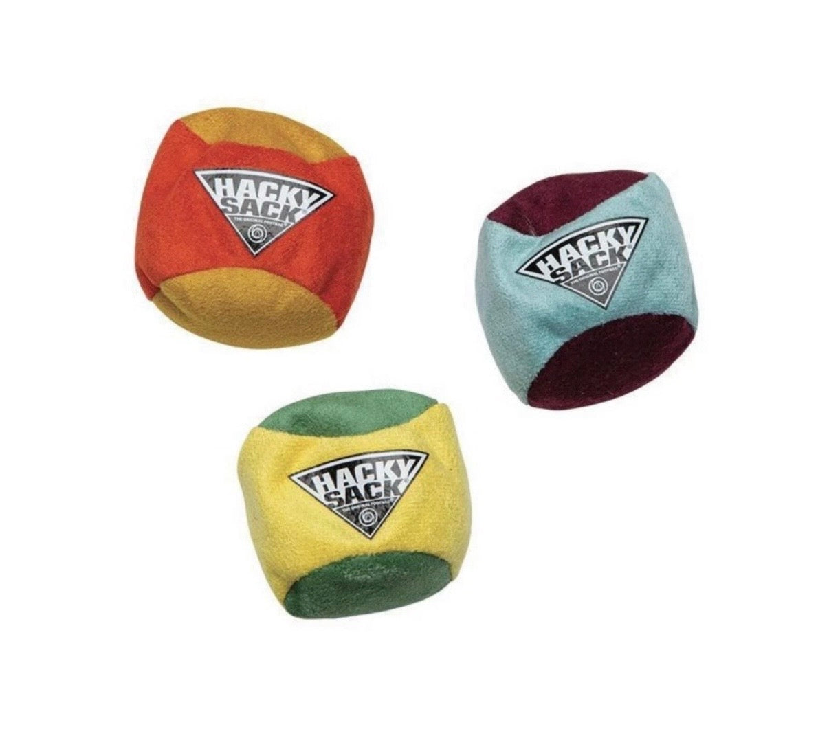Three colorful hacky sacks with 'Hacky Sack' branding on a white background