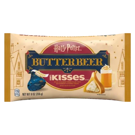 Packaging of Harry Potter Butterbeer kisses on a white background