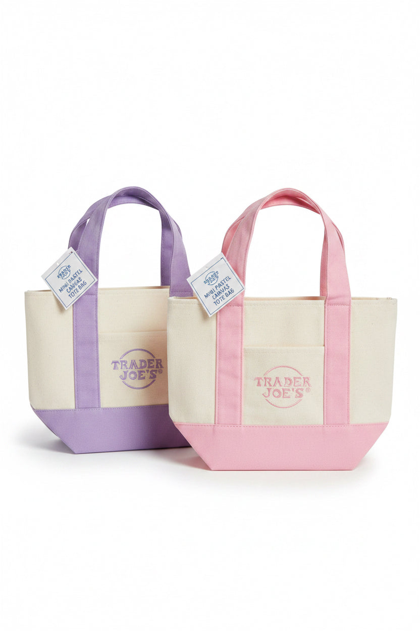 2026 Trader Joe's Mini Pastel Canvas Tote Bag Set | 2 Mini (Pink & Purple)
