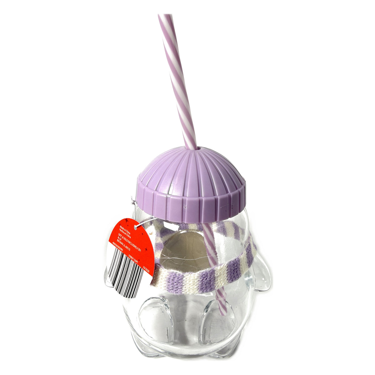 Purple penguin glass sipper back view with tag