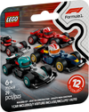LEGO Formula 1 car set packaging with four race cars on a brown background