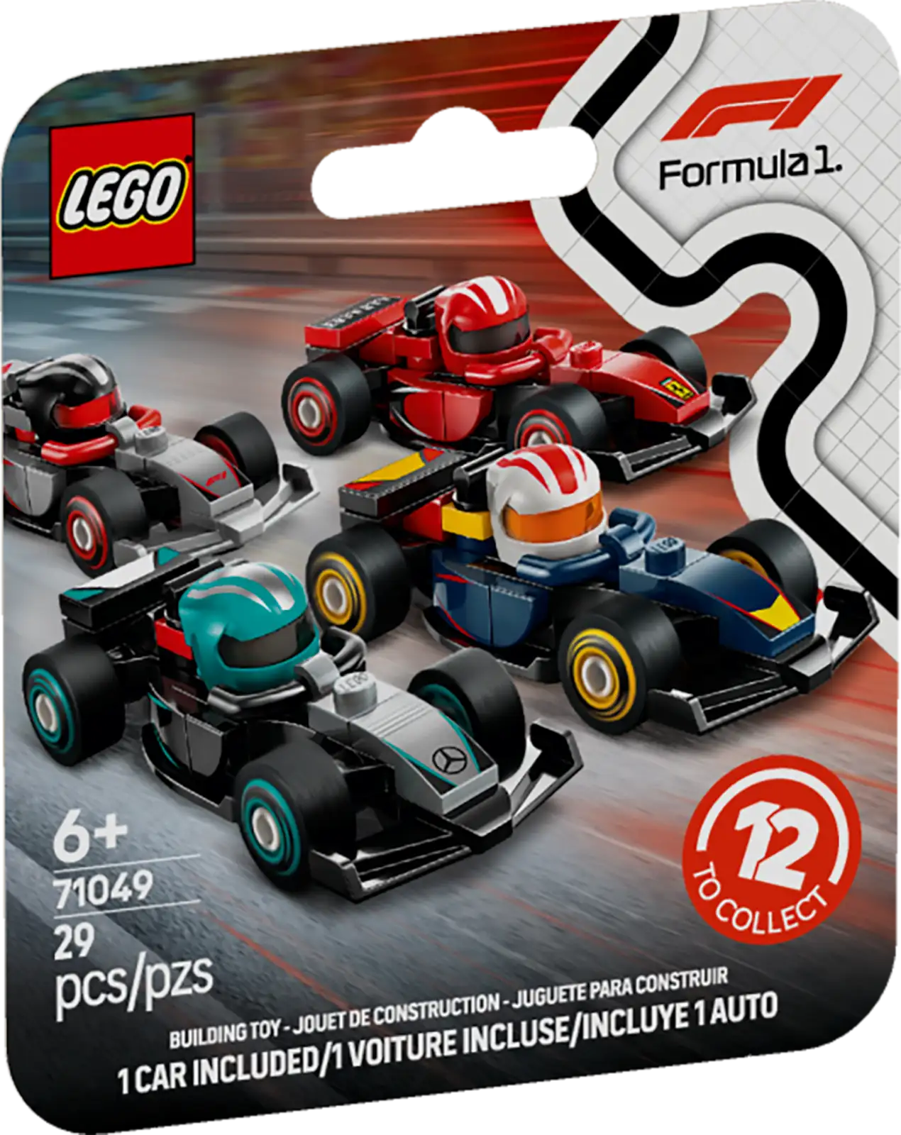 LEGO Formula 1 car set packaging with four race cars on a brown background