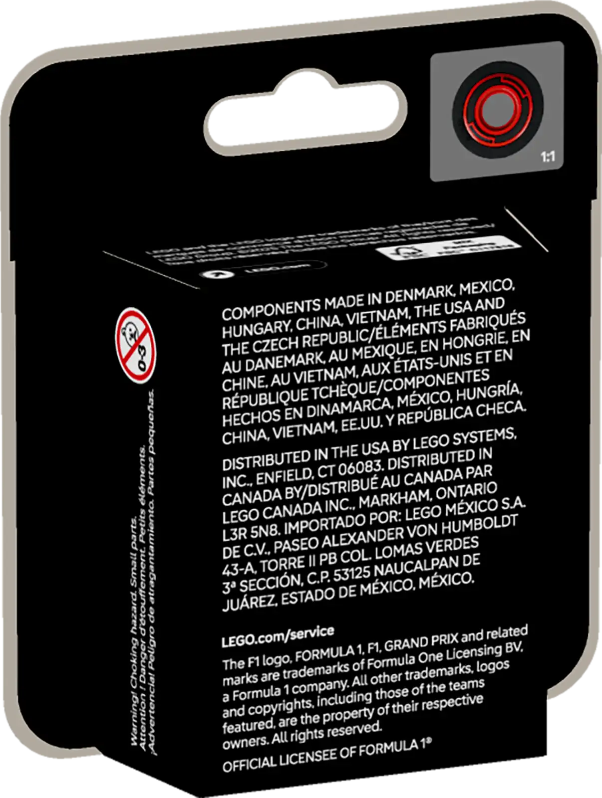 Back of a LEGO packaging with text and logos