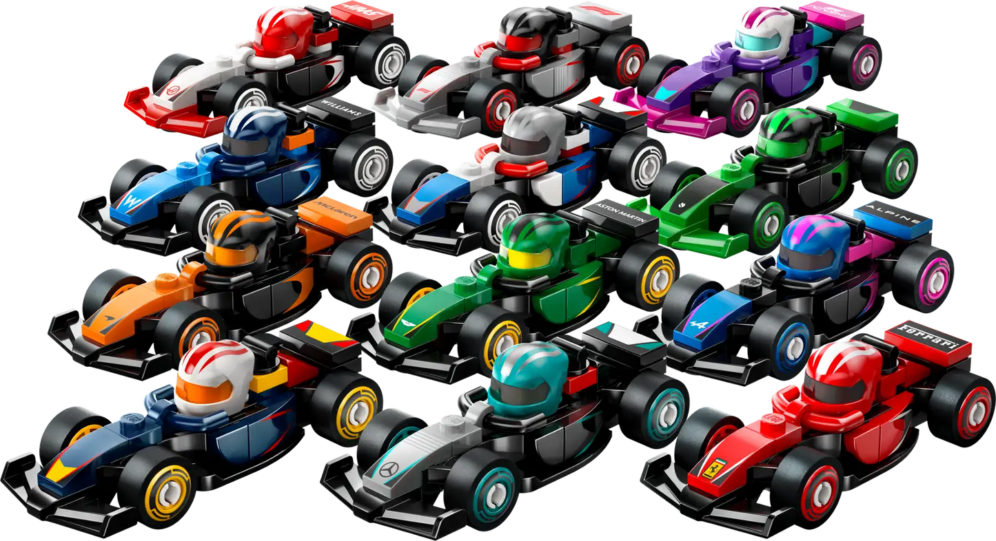 Collection of colorful toy race cars arranged in a grid on a white background