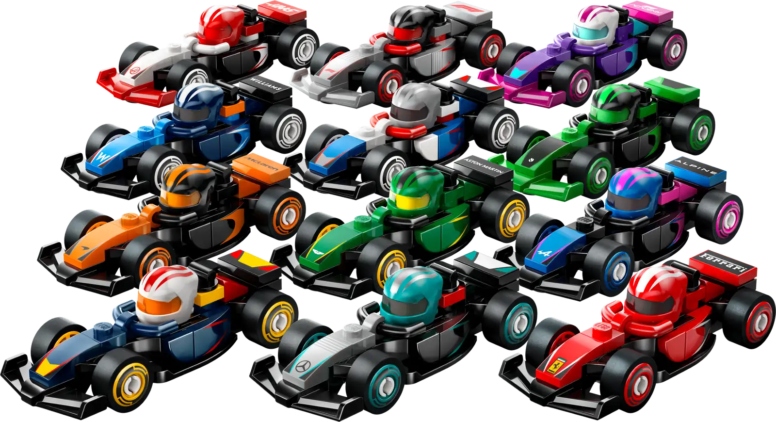 Collection of colorful toy race cars arranged in a grid on a white background