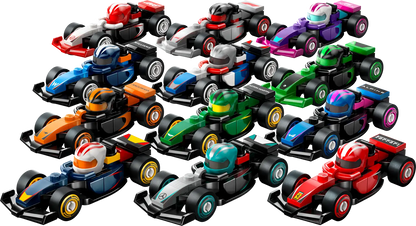 Collection of colorful toy race cars arranged in a grid on a white background