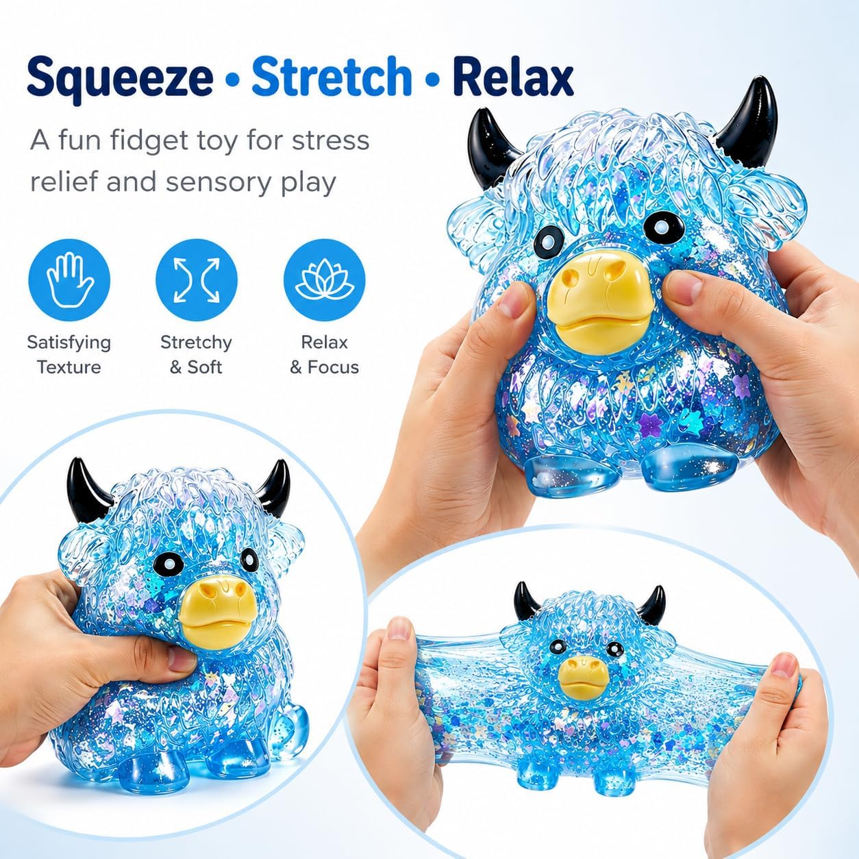Glitter | Sparkly Highland Cow Squishy | Blue | Sensory Fidget Toy