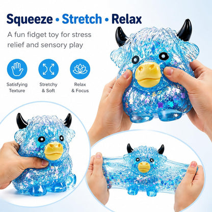 Glitter | Sparkly Highland Cow Squishy | Blue | Sensory Fidget Toy
