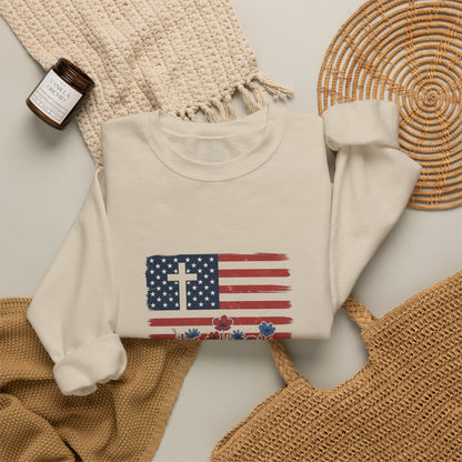 Blessed Is the Nation | Flag Cross Crewneck Sweatshirt | Faith & Freedom