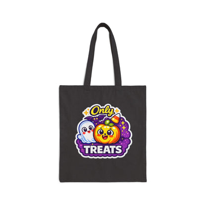A black canvas tote bag with long handles, featuring a colorful Halloween graphic on the front that reads 'Only TREATS' with a smiling orange pumpkin, a white ghost, and purple decorative elements, shown against a plain white background.