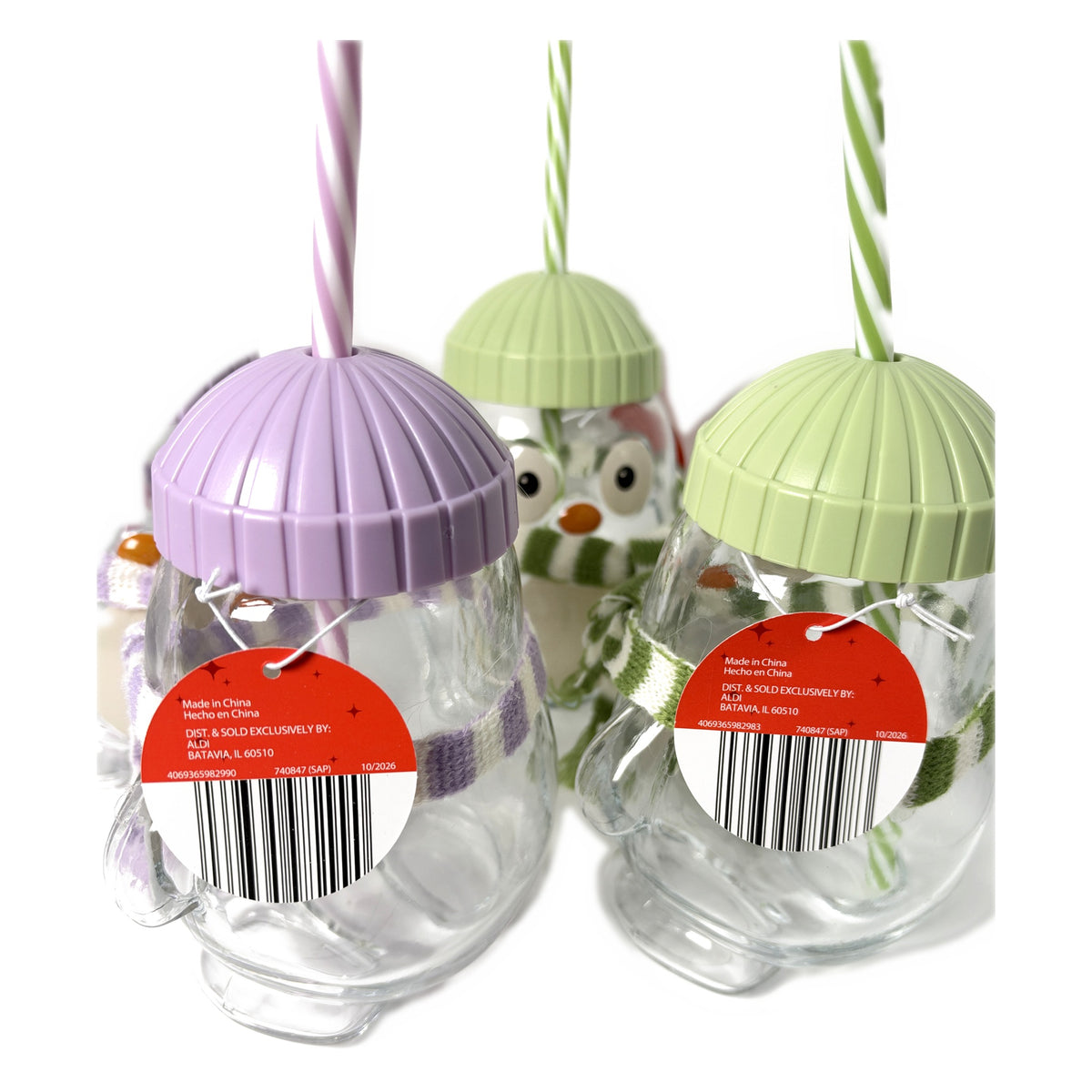 Purple and green penguin sipper tags showing barcodes
