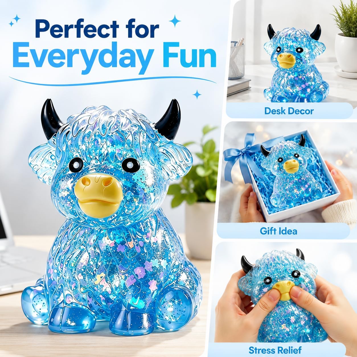 Glitter | Sparkly Highland Cow Squishy | Blue | Sensory Fidget Toy