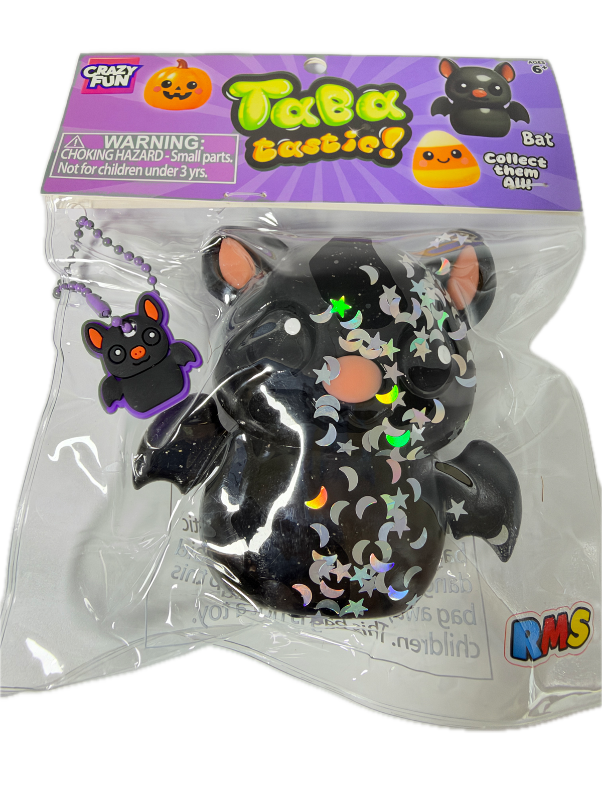 A packaged Halloween-themed squishy toy featuring a black bat with silver moon and star patterns, a purple hanging ball chain, and a purple retail card with 'TeeTaz' branding.