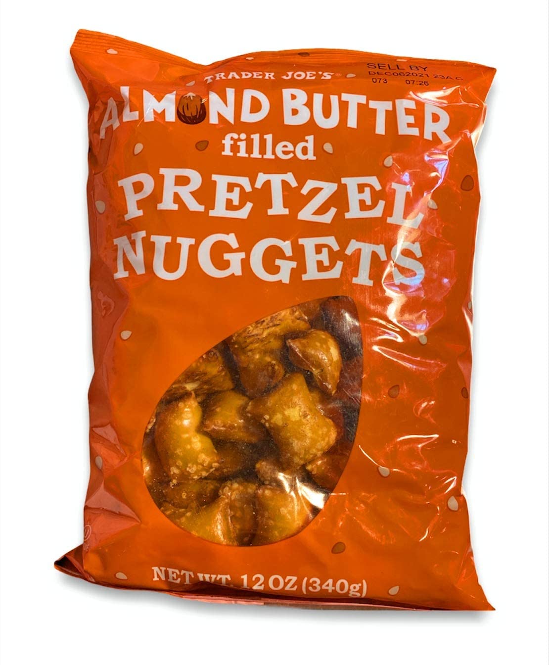 Bag of Trader Joe's Almond Butter Filled Pretzel Nuggets on a white background