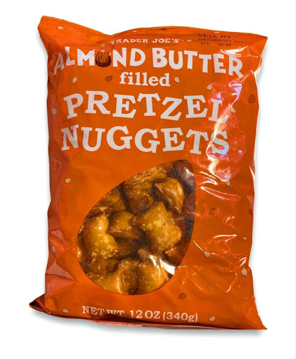 Bag of Trader Joe's Almond Butter Filled Pretzel Nuggets on a white background