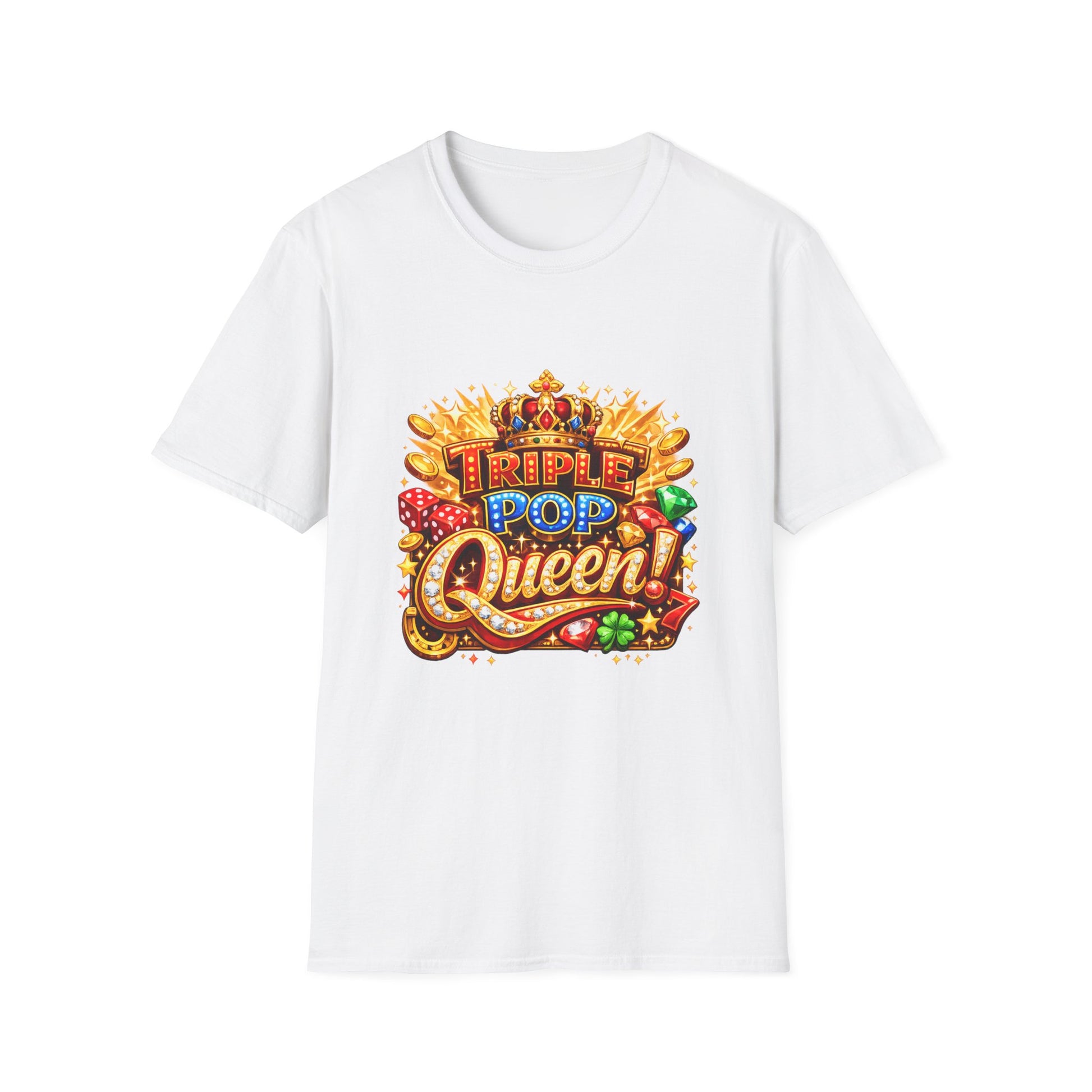 A white short-sleeve crewneck t-shirt featuring a colorful graphic print on the front that reads 'TRIPLE POP Queen!' in stylized gold, red, and blue lettering with a crown and gem details.