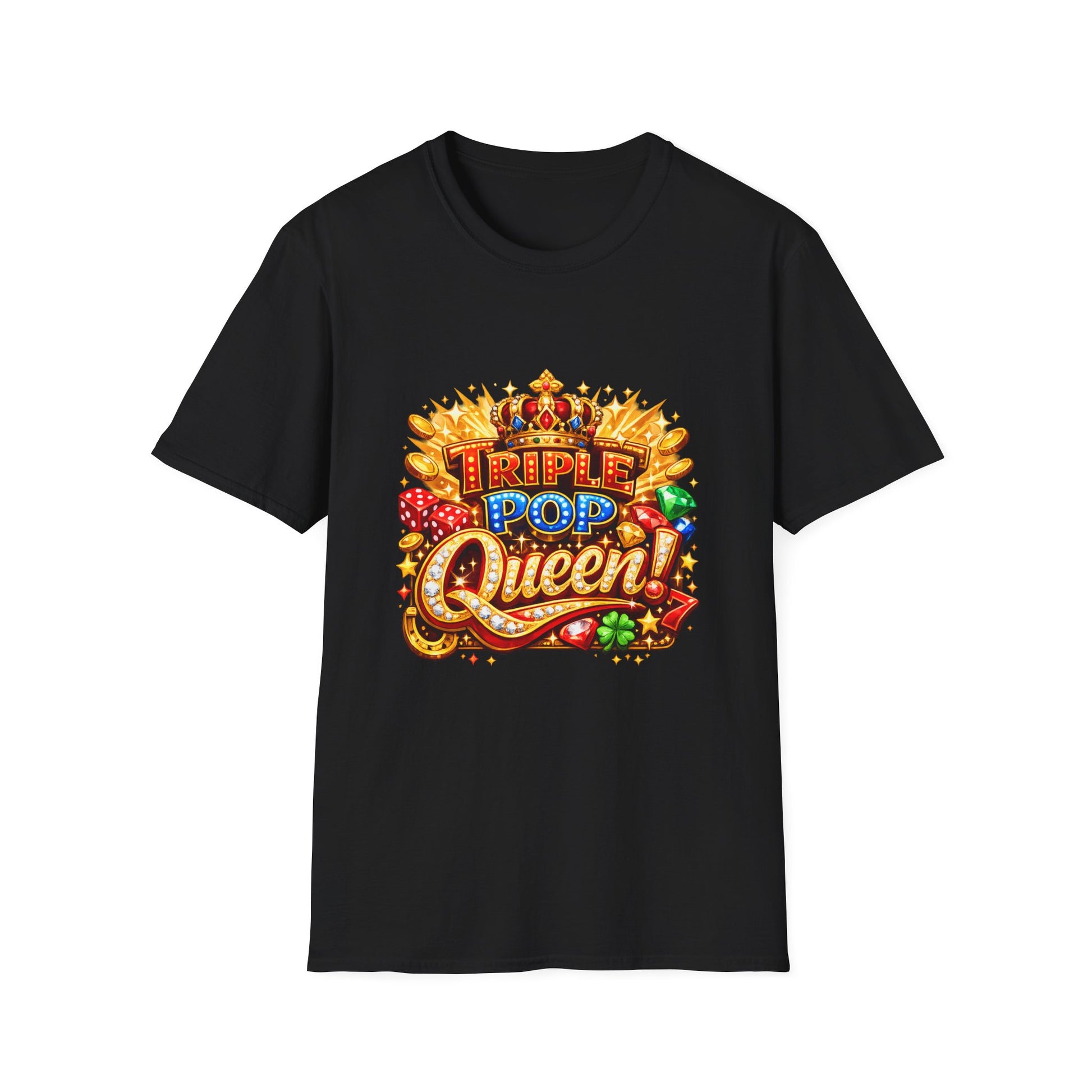 A black short-sleeve crewneck t-shirt featuring a colorful graphic print on the front that reads 'TRIPLE POP Queen!' in a casino-style neon font with gold, red, blue, and green details, set against a plain white background.