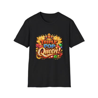 A black short-sleeve crewneck t-shirt featuring a colorful graphic print on the front that reads 'TRIPLE POP Queen!' in a casino-style neon font with gold, red, blue, and green details, set against a plain white background.