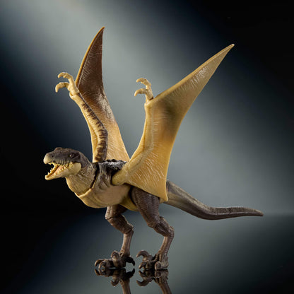Dinosaur toy with outstretched wings on a reflective surface