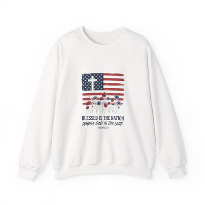 Blessed Is the Nation | Flag Cross Crewneck Sweatshirt | Faith & Freedom