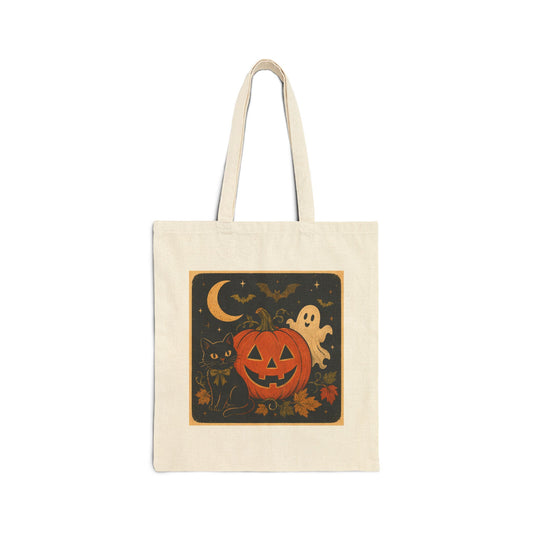 Printify | Halloween Pumpkin Ghost Tote Bag | Vintage Jack-o'-Lantern | Canvas Tote