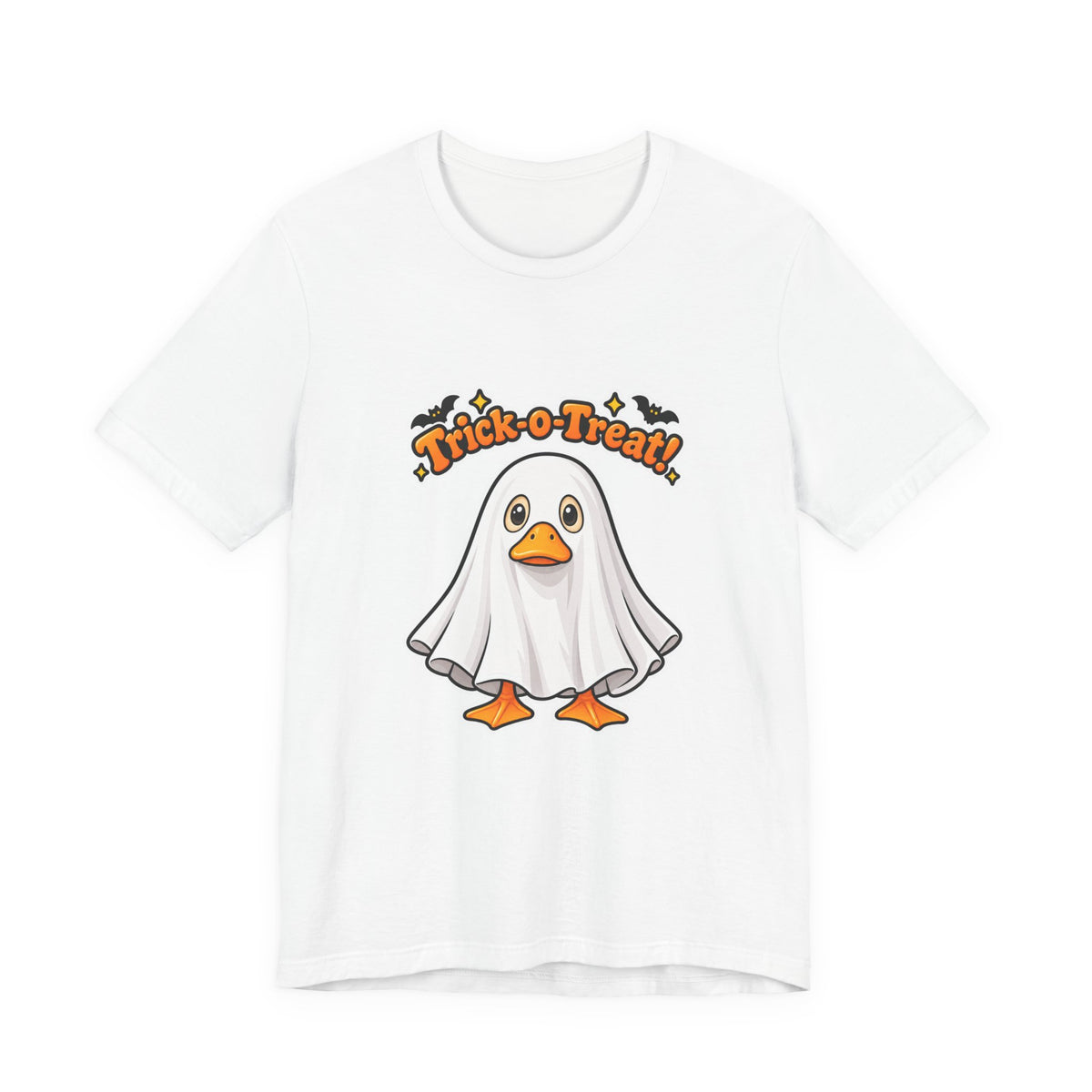 A white short-sleeve crewneck t-shirt featuring a cartoon graphic of a ghostly duck with orange beak and feet, under the text 'Trick or Treat!' in orange with small black bats.