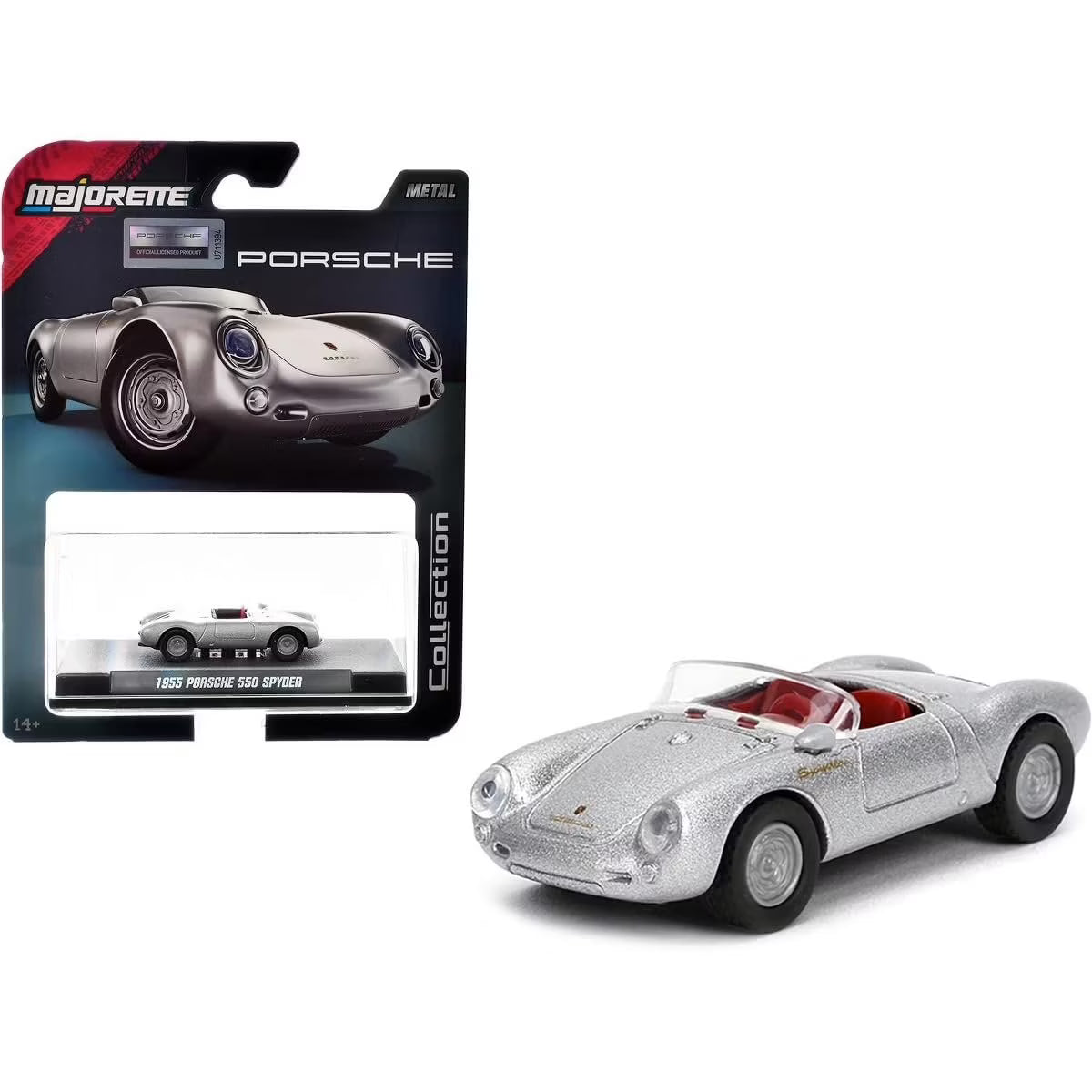 Majorette | 1955 Porsche 550 Spyder | Silver Metallic & Red Interior | 1:64 Scale Die-Cast with Showcase