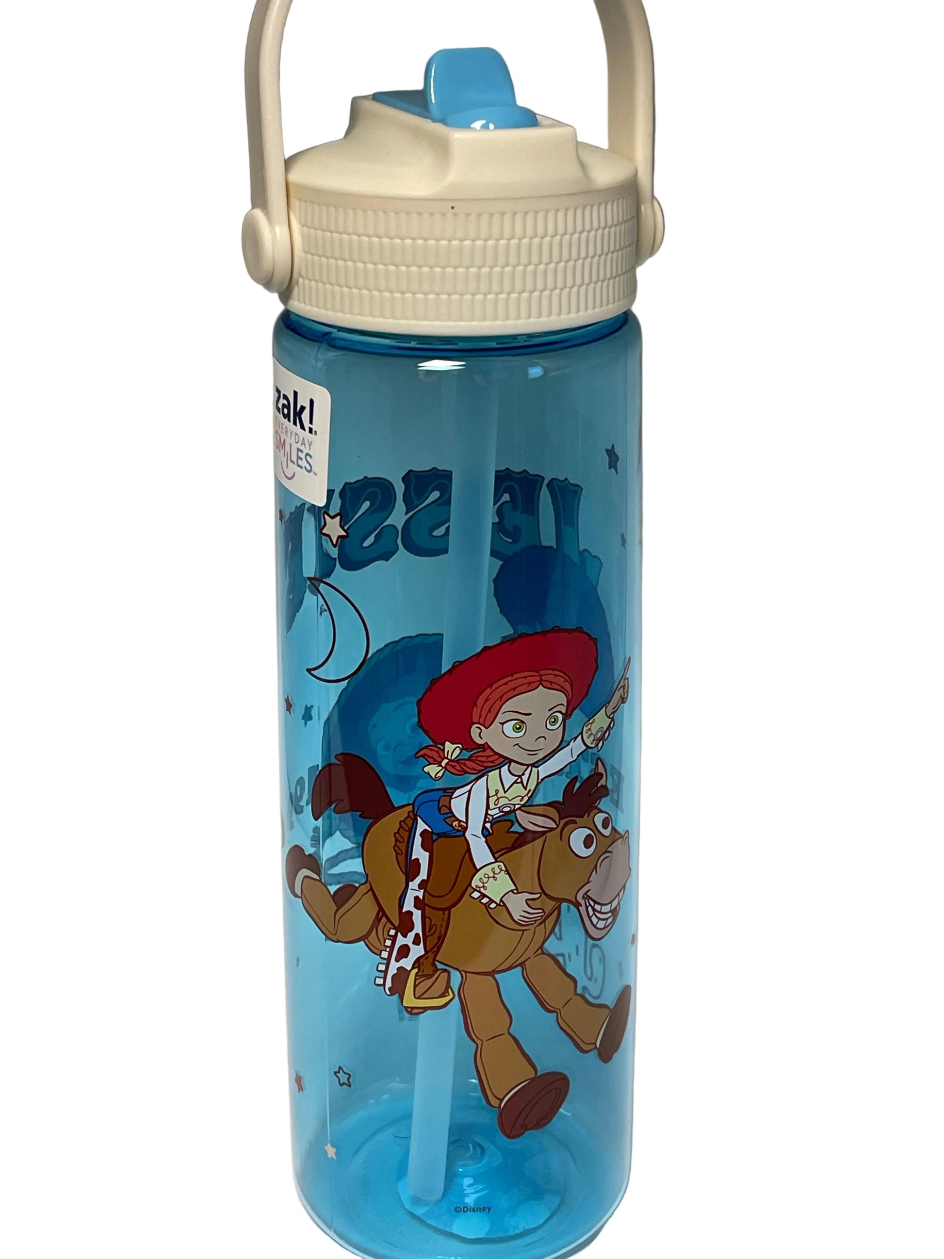 A translucent light blue water bottle with a white lid and carrying loop, featuring a printed cartoon illustration of Jessie, Woody, and Bull in Toy Story, on a plain light background.
