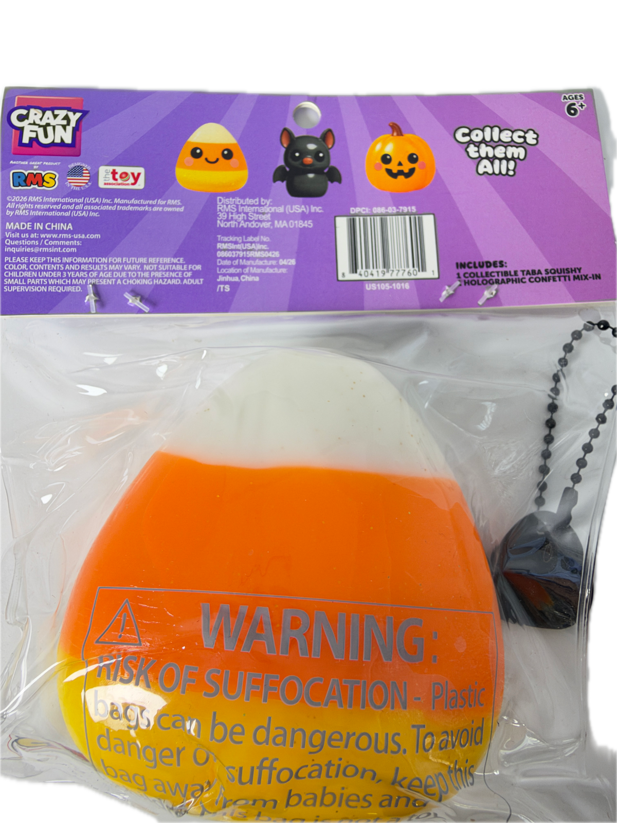 A packaged plastic squishy toy shaped like a candy corn, shown with its purple retail backing card. The toy is partially visible inside clear plastic packaging with a black ball chain attached.