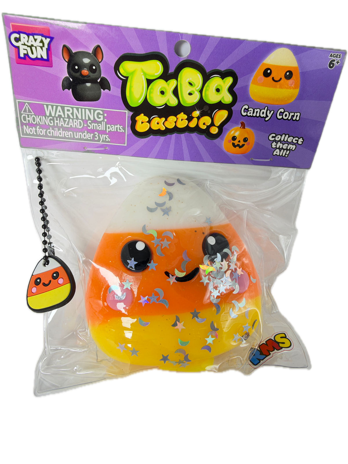 A packaged Tabz Freaky! Candy Corn squishy toy by Crazy Fun, sealed in clear plastic with a purple retail card insert. The toy is orange and yellow with a white top section, cartoon eyes, and scattered star and moon stickers, plus a small hanging candy corn charm.