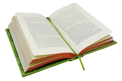 Open book with green leather binding on a white background