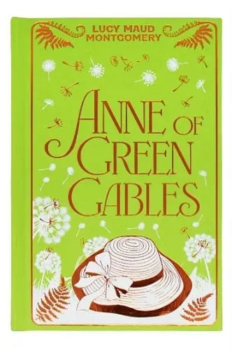 Book cover of 'Anne of Green Gables' by Lucy Maud Montgomery with a green background and floral design.