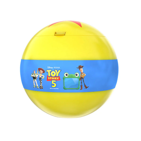 A yellow and blue spherical container featuring a Disney Pixar Toy Story 5 band around the middle, with Buzz Lightyear and Woody illustrated on the label.