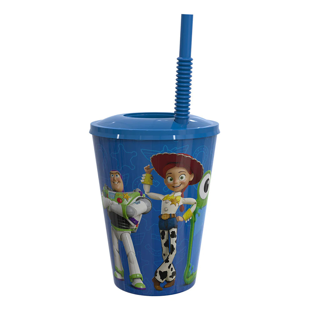 Blue tumbler with cartoon characters on a white background
