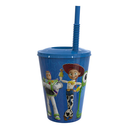 Blue tumbler with cartoon characters on a white background