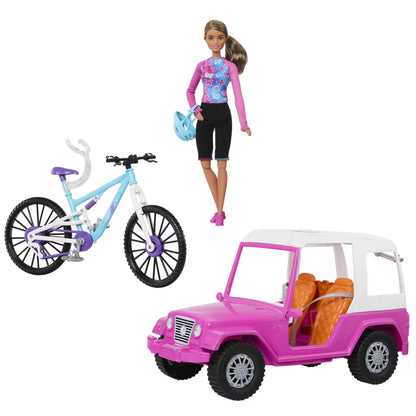 Barbie doll with bike and car on a white background