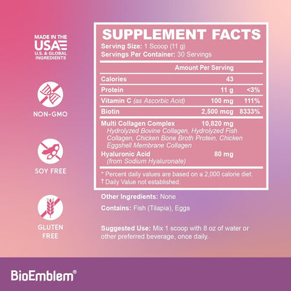 BioEmblem Beauty Collagen | 11G Hydrolyzed Multi-Collagen Peptides