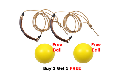 Two yellow balls with a slingshot and text indicating 'Buy 1 Get 1 Free' on a white background.