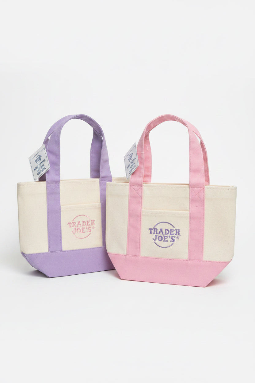 2026 Trader Joe's Mini Pastel Canvas Tote Bag Set | 2 Mini (Pink & Purple)