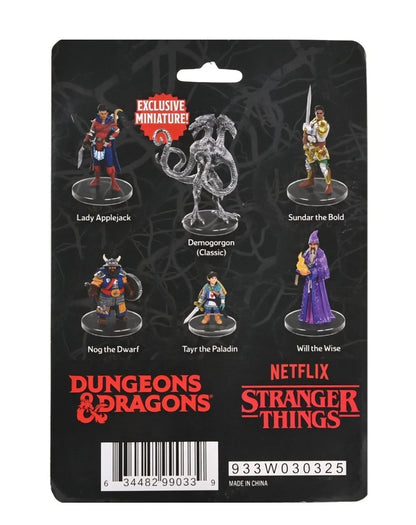 Packaging of Dungeons & Dragons and Stranger Things miniatures with characters on a black background.