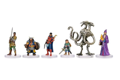 Set of miniature figurines including warriors and a dragon on a white background
