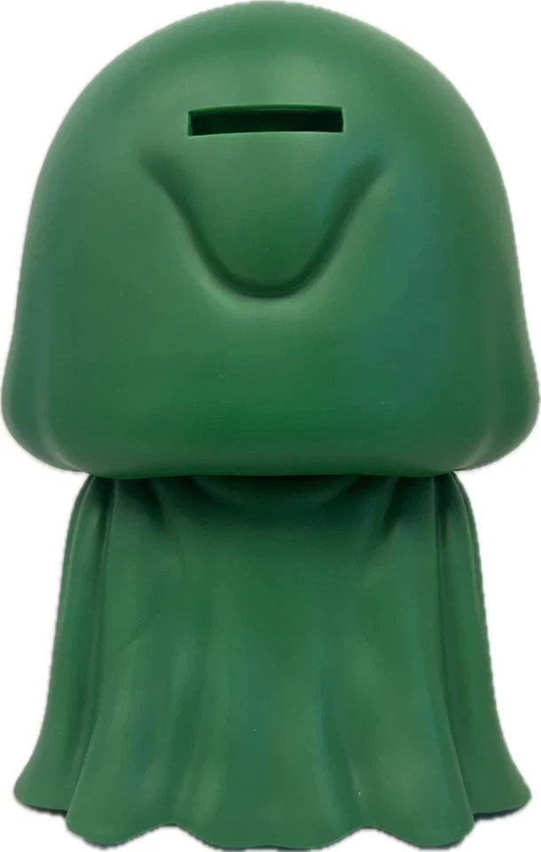 Green character-shaped money box with a plain background