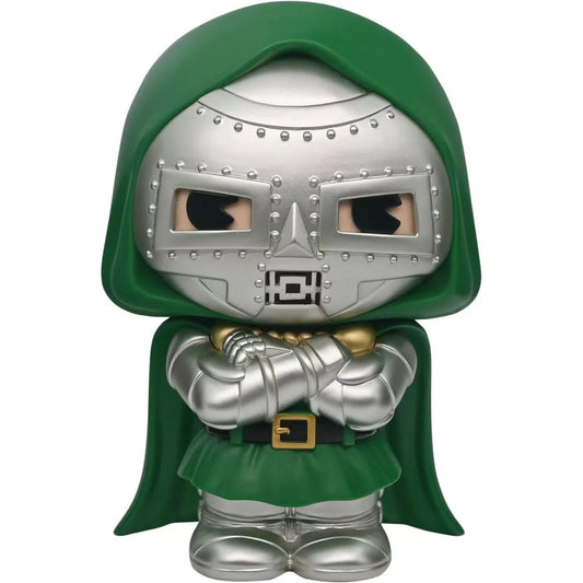 Toy figure with green cape and silver armor on a white background