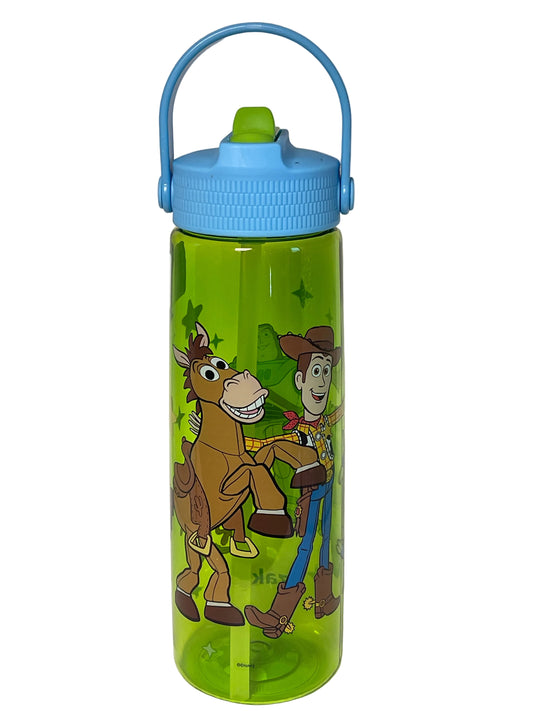 A translucent green water bottle with a light blue lid and carrying loop, featuring Woody and Buzz Lightyear cartoon characters printed on the side.