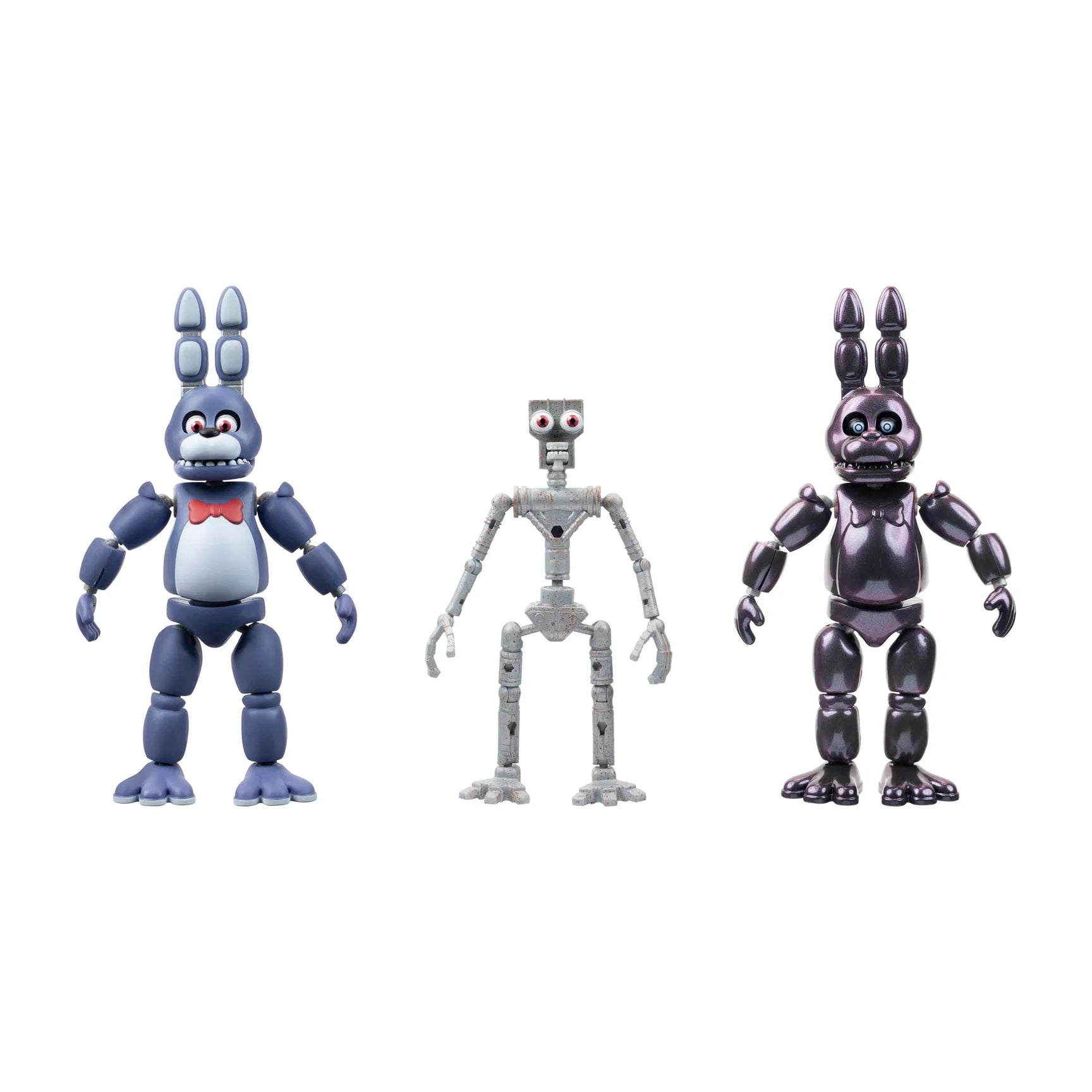 Three collectible action figures displayed side by side on a plain white background: a blue rabbit-like character with a red bow tie on the left, a silver humanoid robot in the center, and a dark metallic purple rabbit-like character on the right.