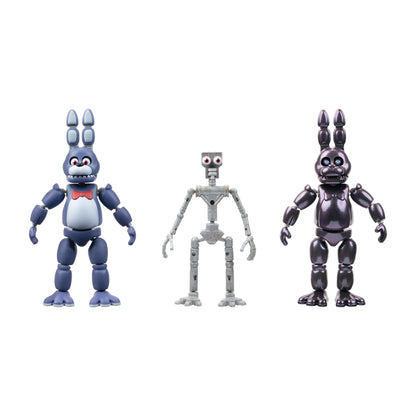 Three collectible action figures displayed side by side on a plain white background: a blue rabbit-like character with a red bow tie on the left, a silver humanoid robot in the center, and a dark metallic purple rabbit-like character on the right.