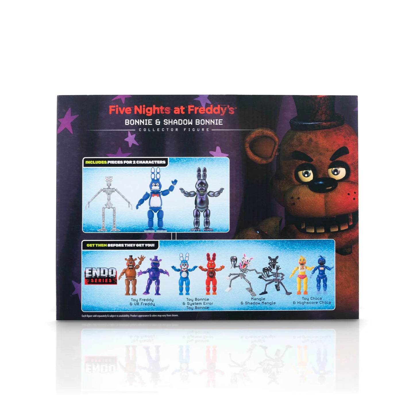 Box of 'Five Nights at Freddy's' Bonnie & Shadow Bonnie collector figures with character illustrations on a white background.
