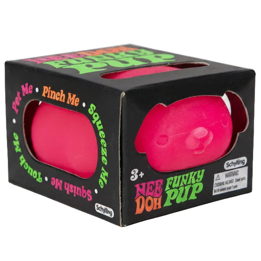 Pink toy dog with text on a black box packaging