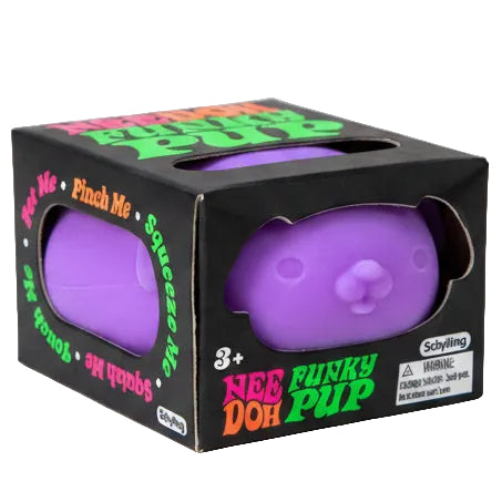 Purple toy with colorful text on a black box packaging