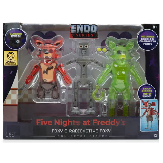 Endo Series Five Nights at Freddy's Foxy & Radioactive Foxy collector figure set in retail packaging, featuring a red-orange Foxy, a gray radioactive Foxy, and a green Radioactive Foxy.